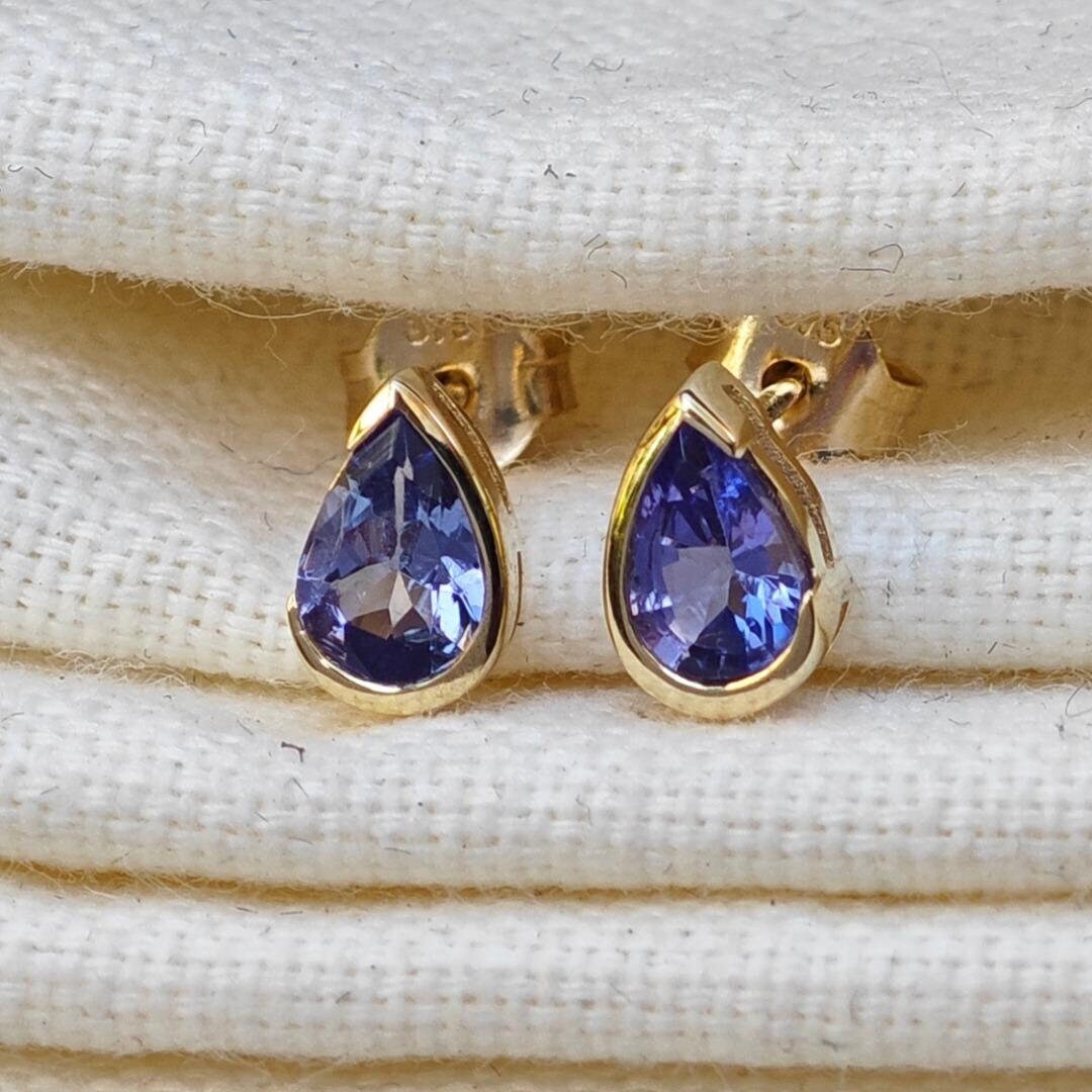 9ct Gold Tanzanite Earrings, Natural Blue Gemstone Studs Etsy
