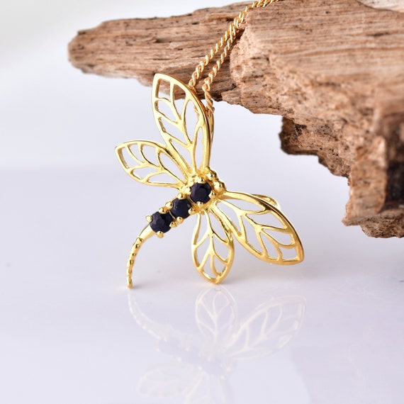 Sapphire Dragonfly Necklace Yellow Gold Plated Sterling Silver