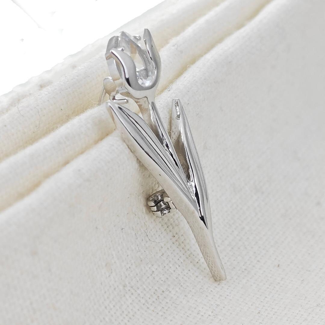 Tulip Flower Brooch Sterling Silver White Topaz Boxed Gift, Unique