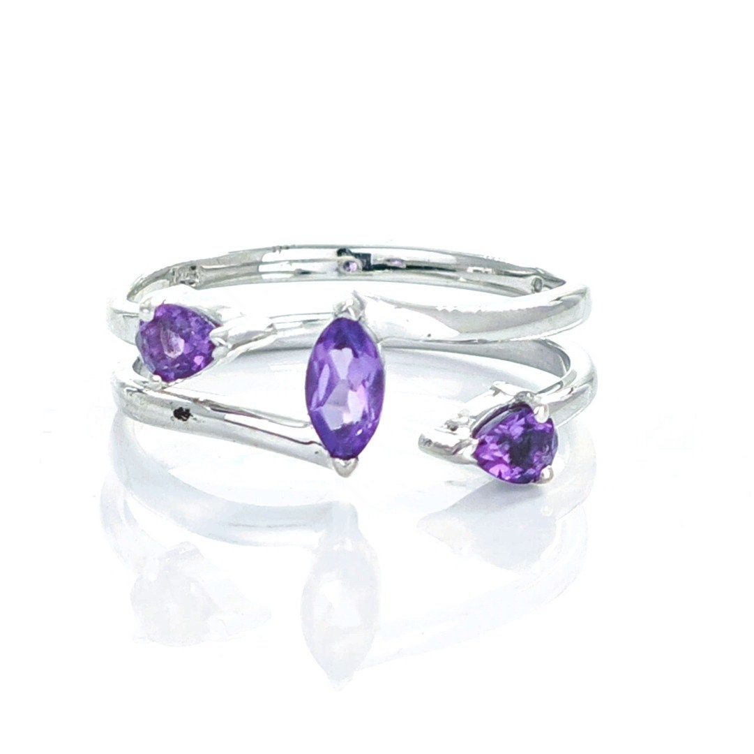 Amethyst Marquise Gemstone Sterling Silver Ring - Adjustable Handmade 925 Silver Ring, Size 5-13 - View #10
