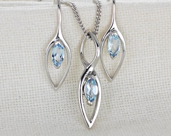 Blue Topaz Set, Earrings Pendant, Sterling Silver, Marquise Dangle