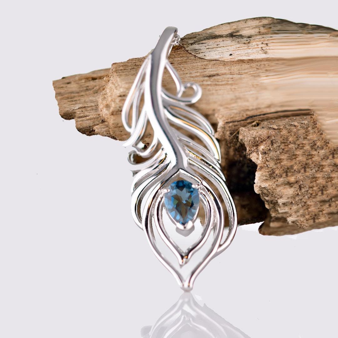 Handmade Peacock Feather Necklace, Sandalwood/Acrylic Beads - 32