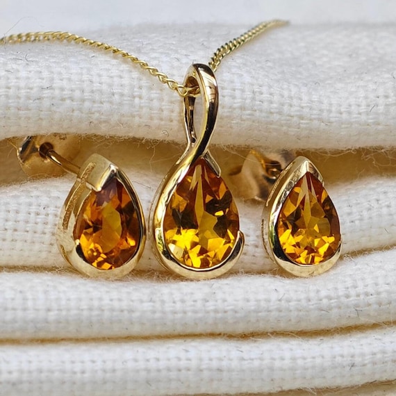 9ct Yellow Gold Citrine Necklace Stud Earrings Set Infinity Loop Etsy