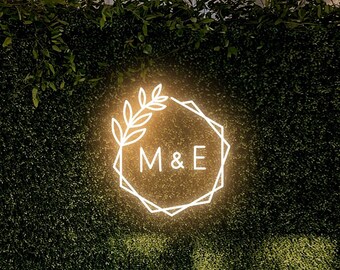 Initials Wedding Neon Sign, Custom Initials with Leafy Neon Light,  Custom Weddding Decor With your Initials