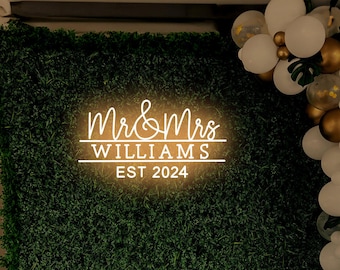 Custom Mr and Mrs Wedding Neon Sign: Minimalist Family Name Decor