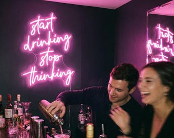 Start Drinking Stop Thinking Neon, Home Bar Sign, Funny Alcohol Decor, Man Cave Wall Art, Patio Party Light, Beer Sign, Bar Cart Decor