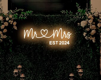Mr and Mrs Marriage  Neon sign, Minimalist wedding Est Year Decor, Monogram Sign