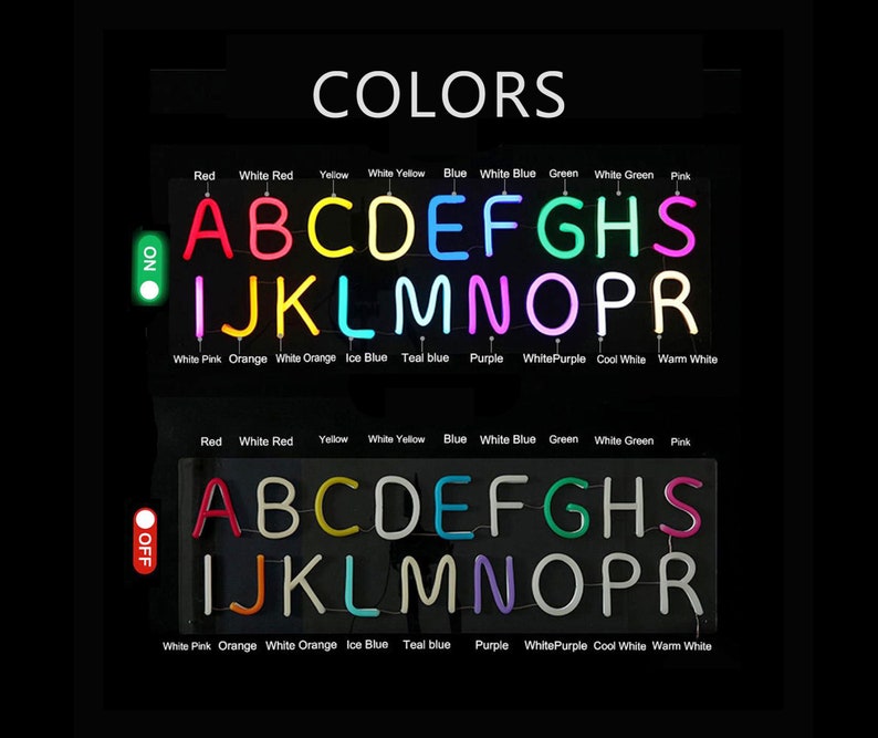 K&ouml;nnte beinhalten: Ein Neon-Schild mit dem Alphabet in verschiedenen Farben, darunter Rot, Wei&szlig;, Gelb, Blau, Gr&uuml;n und Pink. Das Schild ist an und aus, wodurch die verschiedenen Farben der Buchstaben hervorgehoben werden. Die Farben sind unter den Buchstaben beschriftet.