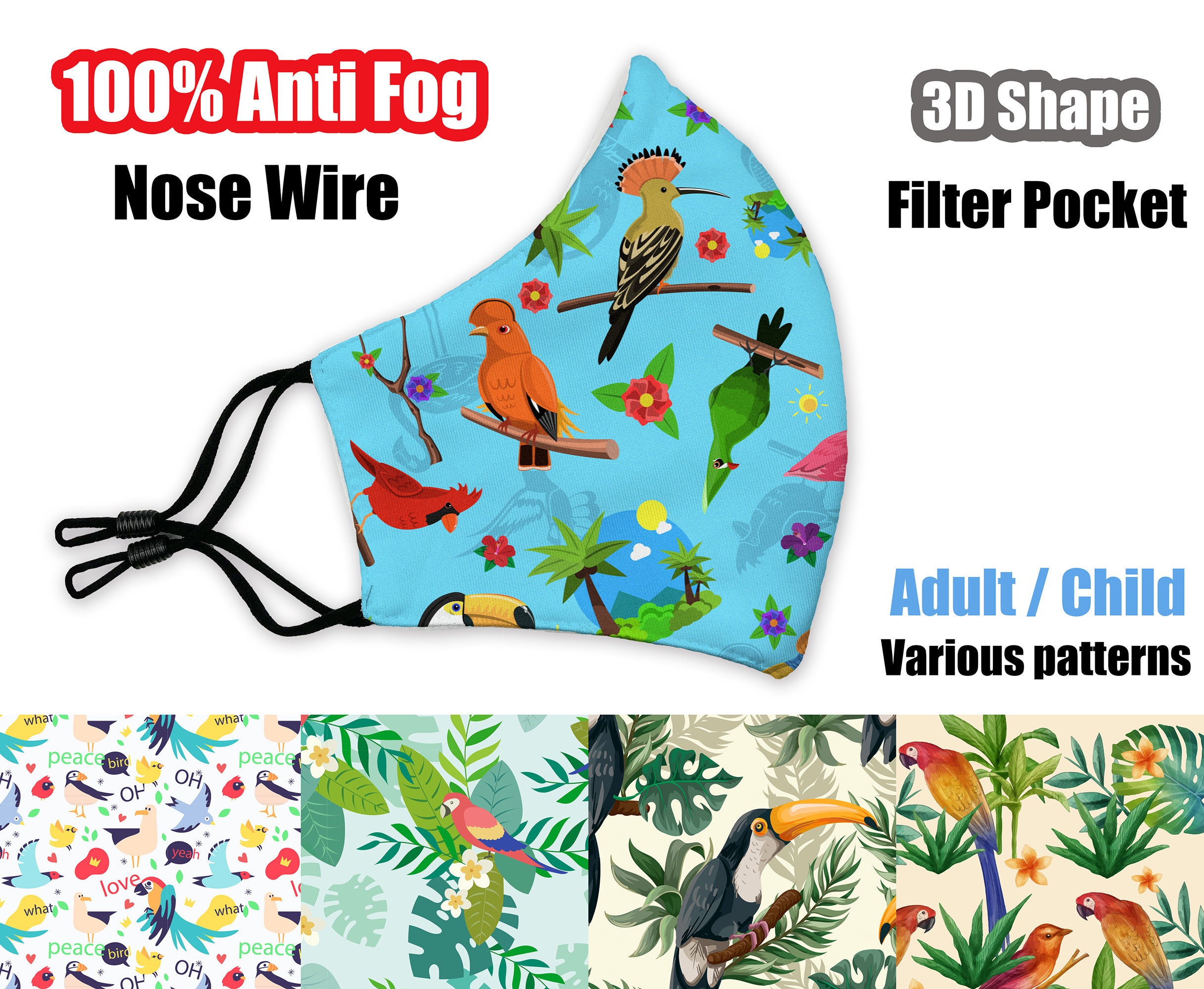 Parrot Face Mask Anti Fog Cute Birds Face Mask Nose Wire Etsy