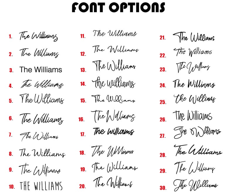 K&ouml;nnte beinhalten: Eine Liste mit 30 verschiedenen Schriftarten f&uuml;r den Namen "The Williams". Jede Schriftart ist von 1 bis 30 nummeriert.