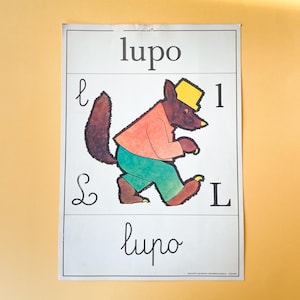 Abecedario vintage da parete - lettera L - illustrazione vintage Lupo - poster scolastico vintage - Alfabeto da parete illustrato