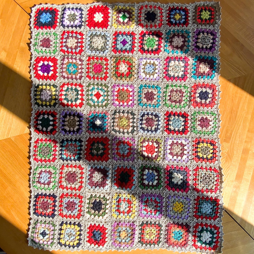 Plaid Fait Main Vintage En Laine - Crochet - Grand 210x160cm - Multicolore