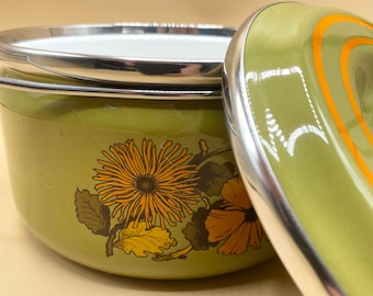 Set di pentole impilabili vintage anni ‘70 smaltate a tema autunnale