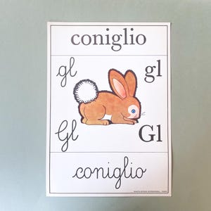 Abecedario vintage da parete - lettera GL - illustrazione vintage Coniglio - poster scolastico - Alfabeto da parete illustrato - Anni 1960s