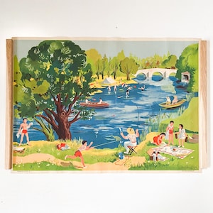 May include: A vintage illustration of a summer scene with people enjoying a day at the lake. The illustration features a lake with a bridge, trees, and people swimming, fishing, boating, and picnicking. The illustration is in a bright, colorful style.