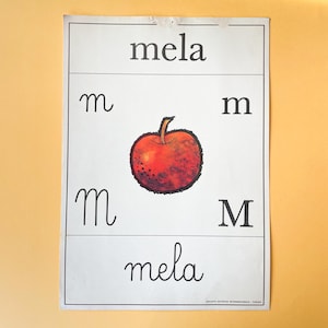 Abecedario vintage da parete - lettera M - illustrazione vintage Mela - poster scolastico  - Alfabeto da parete illustrato - anni 60
