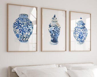 GINGER JARS trio, Ginger Jar Prints, Blue and white watercolor painting print by artist Michelle Mospens, Ginger Jars Art Prints Set of 3