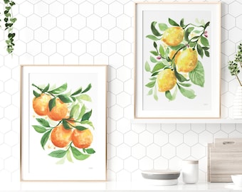 Lemon Orange Kitchen Prints, Oranges and Lemons Set Of 2, Watercolor Citrus Fruit Kitchen Decor, Fruit Kitchen Prints