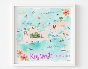 Key West Art, Key West Map, Key West Painting, Key West Decor, Key West Poster, Travel Map Print, Square Art Print of the Keys