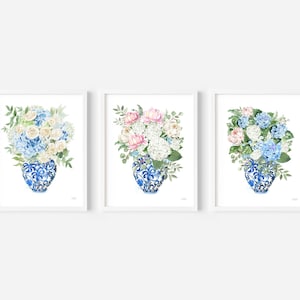 Chinoiserie Ginger Jar Hydrangea Botanical Pink and Blue Bouquet Watercolor Paintings Set of 3 Unframed Wall Art Prints by Michelle Mospens