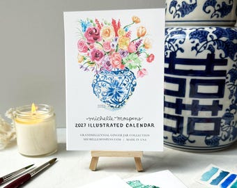 Watercolor Grandmillennial Ginger Jar Calendar, Chinoiserie Gift, Hostess Gift, 5x7 Illustrated Calendar | Michelle Mospens