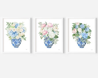 Chinoiserie Ginger Jar Hydrangea Botanical Pink and Blue Bouquet Watercolor Paintings Set of 3 Unframed Wall Art Prints by Michelle Mospens