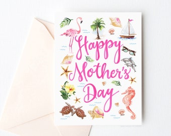 Happy Mother's Day Card | Beach Mother's Day Greeting Card | Illustrated Mother's Day Card for Mom From Daughter | First Mothers Day Card