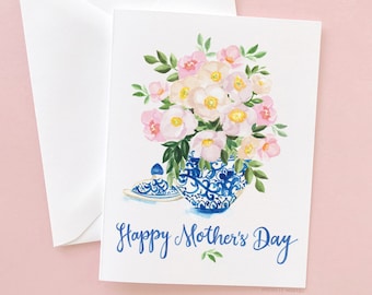 Illustrated Ginger Jar Flowers Mother's Day Card by Watercolor Artist Michelle Mospens | Happy Mother's Day Card | First Mothers Day Card