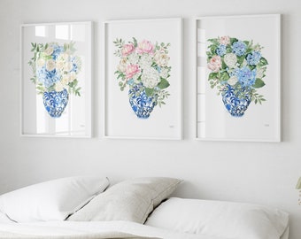 Chinoiserie Bedroom Wall Art, Ginger Jar Decor, Grandmillennial Art, Hydrangea Bedroom Decor, Flower Bedroom, Botanical Print