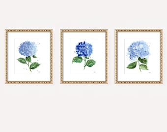 Hydrangea Print Set of 3, Floral Wall Art, Gallery Wall Set, Botanical Bedroom, Watercolor Blue Hydrangea Paintings by Michelle Mospens