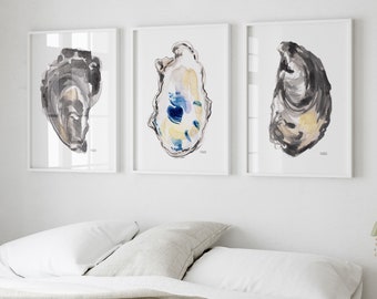 Oyster Shells Watercolor Art Prints 3 Piece Coastal Wall Art Southern Louisiana Gulf Coast Artwork Seaside Decor