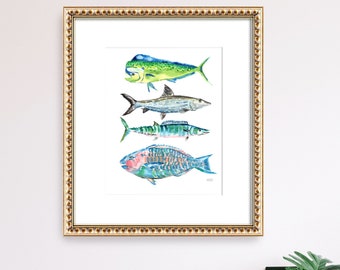 Fish Print Ocean Fish Art Print Tropical Saltwater Fish Watercolor Bone Parrot Mahi Mahi Wahoo Fish