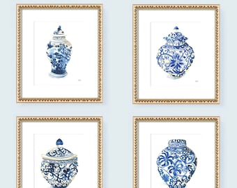 Ginger Jars Watercolor Paintings, Ginger Jar Art Print Set of 4, Blue & White Gallery Wall Art Set, Ginger Jar Wall Art, Chinoiserie Decor