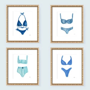 Bathing Suit Art Swimsuits Bikini Beach Lake House Room Decor Beachy Wall Art Prints - Watercolor Blue Coastal Wall Art 4 Piece Art Prints
