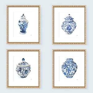 Ginger Jars Watercolor Paintings, Ginger Jar Art Print Set of 4, Blue & White Gallery Wall Art Set, Ginger Jar Wall Art, Chinoiserie Decor