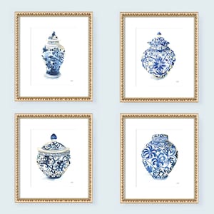 Ginger Jars Watercolor Paintings, Ginger Jar Art Print Set of 4, Blue & White Gallery Wall Art Set, Ginger Jar Wall Art, Chinoiserie Decor