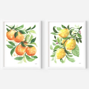 Lemon Orange Kitchen Prints, Oranges and Lemons Set Of 2, Watercolor Citrus Fruit Kitchen Decor, Fruit Kitchen Prints