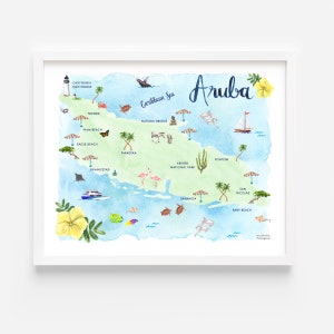 Aruba Map Art Print, Watercolor Aruba Map Painting By Michelle Mospens, Cute Aruba Gift, Aruba Map Wall Art