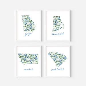 State Prints, Hydrangea State Prints, States Art Prints, Set of 4 Prints, USA State Prints, Travel Gift, Travel Poster, Housewarming