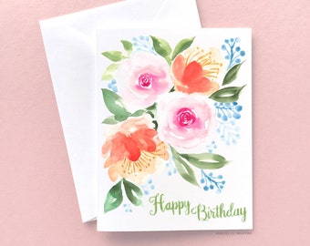 Birthday Card For Her, Birthday Card, Happy Birthday Card, Floral Watercolor Birthday Card, Blank Card, Greetings Card