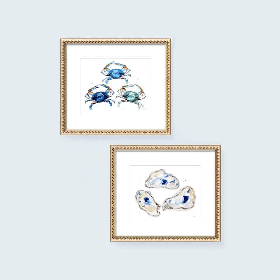 Blue Crabs and Oysters Watercolor Prints, Crab Art Prints, Oysters Painting, Nautical Coastal Decor, Watercolor Beach Painting