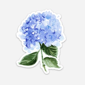 May include: Watercolor sticker of a blue hydrangea flower with green leaves and stem. The flower is a cluster of small, light blue blossoms with darker blue accents. The leaves are a deep green.