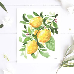 May include: Watercolor painting of a lemon branch with bright yellow lemons and green leaves. The artwork features a delicate style with soft brushstrokes and a white background, evoking a fresh, summery feel. The lemons are the focal point.