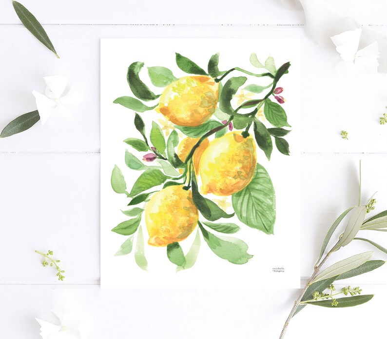 May include: Watercolor painting of a lemon branch with bright yellow lemons and green leaves. The artwork features a delicate style with soft brushstrokes and a white background, evoking a fresh, summery feel. The lemons are the focal point.