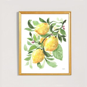 May include: A framed watercolor print featuring a branch of lemons. The lemons are yellow with green leaves and small pink flowers. The artwork is in a gold frame, creating a bright and cheerful aesthetic. The painting is on a white background.