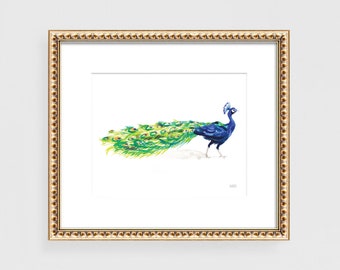 PEACOCK BIRD Watercolor Print by Michelle Mospens