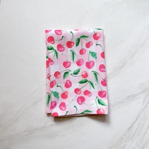Pink Gingham Cherries Towel by Illustrator Michelle Mospens, Cute Coquette 18x18 Towel, Watercolor Art, Hostess Towel Gift