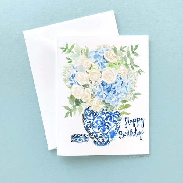 Floral HAPPY BIRTHDAY card with bouquet of flowers in a blue and white ginger by artist Michelle Mospens