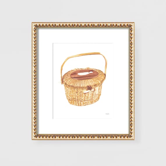 Nantucket Basket Art Print, Coastal Wall Art, New England Nautical Decor, Watercolor Nantucket Basket Painting by Michelle Mospens