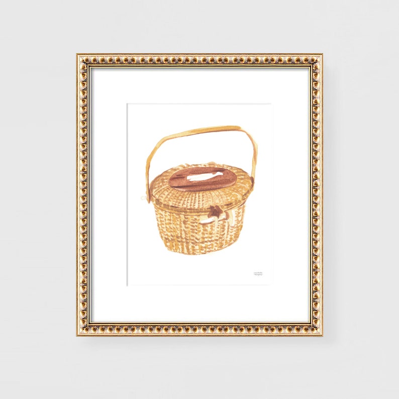 May include: A watercolour painting of a brown wicker basket with a lid and a wooden handle. The basket is sitting on a white background.